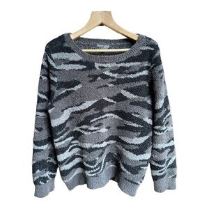 Barefoot Dreams CozyChic Women’s Crewneck Sweater Black Grey Camouflage, Large